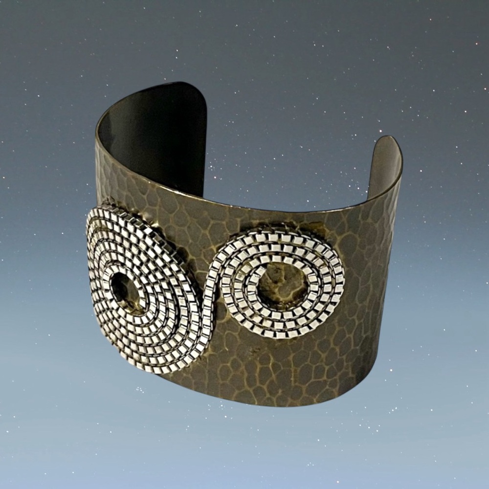 Bold Vintage AV MAX N.Y.C. Hammered Brass Cuff Bracelet Silver Swirl Design